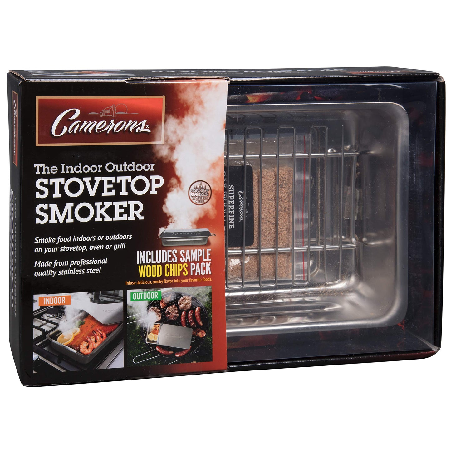 Camerons Indoor Outdoor Stovetop Smoker - Stainless Steel Barbecue Smoker Box w/Oak Wood Chips & Recipes - Works On Any Heat Source, Stovetop or BBQ Grill for Smoking Meats - Grilling Gift for Men