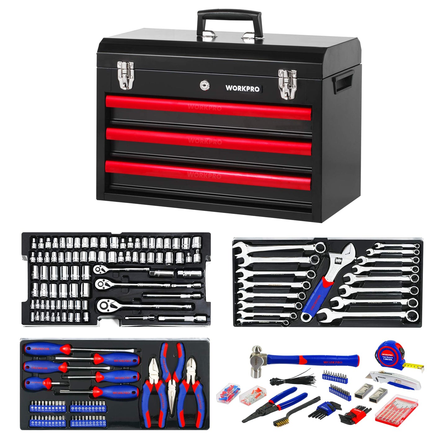 WORKPRO 408-Piece Mechanics Tool Set, General Household Home Repair Tool Kit with 3-Drawer Heavy Duty Metal Box, Hand Tool Kit Set 1 Pack