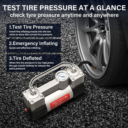 GSPSCN Silver Tire Inflator Heavy Duty Double Cylinders with Portable Bag- Car Accessories，Metal 12V Air Compressor Pump 150PSI with Adapter for Car, Truck, SUV Tires, Dinghy, Air Bed etc