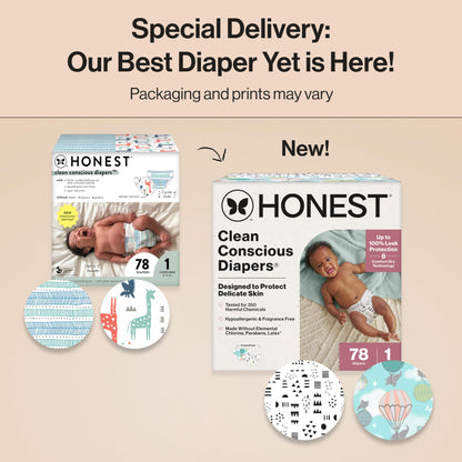 The Honest Company Clean Conscious Diapers for Delicate Skin | Up to 100% Leakproof | Hypoallergenic, Fragrance Free | Gender Neutral | Club Box, Size 1 (8-14 lbs), 78 Count (Prints May Vary)