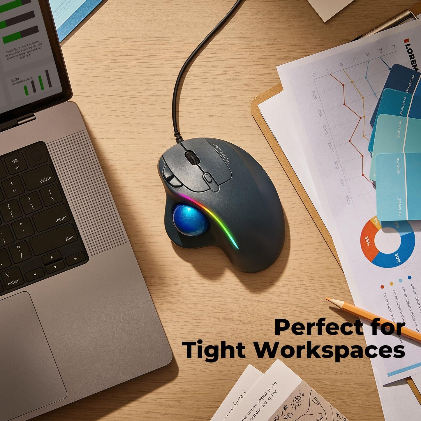 Wired Trackball Mouse with RGB Lighting, Ergonomic Thumb Control to Reduce Muscle Strain, 5 Adjustable DPI Settings, Dual USB-C & USB-A Connectivity, Compatible with PC, Laptop, Mac, Windows-Blue