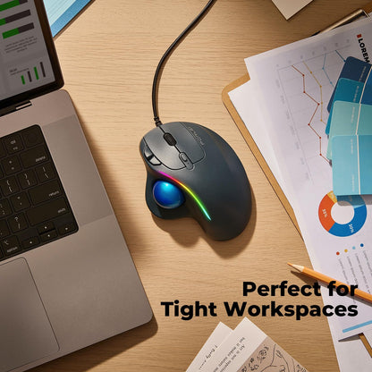 Wired Trackball Mouse with RGB Lighting, Ergonomic Thumb Control to Reduce Muscle Strain, 5 Adjustable DPI Settings, Dual USB-C & USB-A Connectivity, Compatible with PC, Laptop, Mac, Windows-Blue