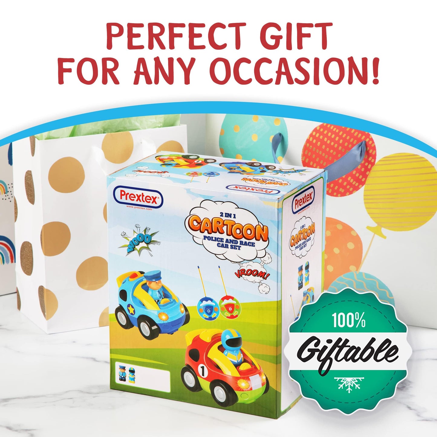 PREXTEX Cartoon Remote Control Car - 2-Pack Police and Race Car Toddler Toys - RC Cars for Kids with Different Frequencies - Easy Remote Control Toy and Thoughtful Gifts for Boys and Girls