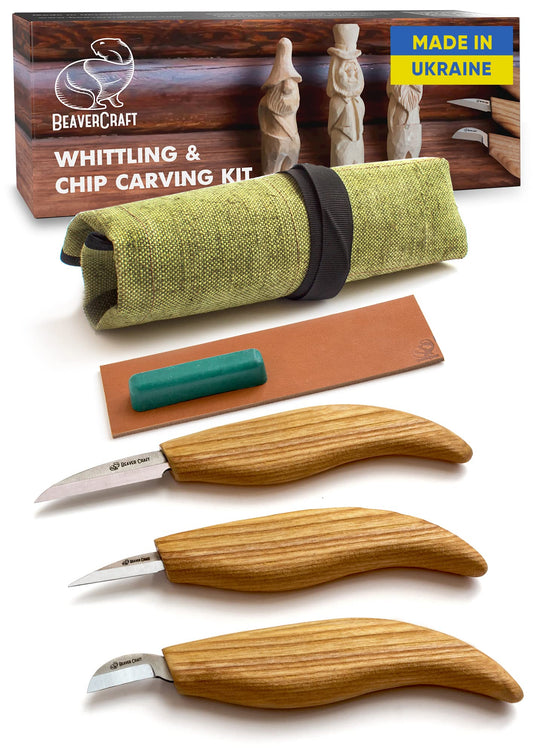 BeaverCraft Wood Carving Knife Kit S15 Whittling Kit for Beginners, Kids - Wood Carving Tools Set with Detail Chip Knife Sloyd Whittling Knives & Leather Strop, Polishing Compound and Tutorials