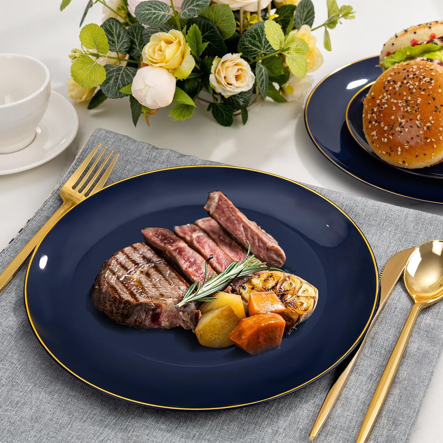 bUCLA 150PCS Blue and Gold Plastic Plates - 25 Guests Navy Blue Plastic Dinnerware Disposable for Party - Include 25 Dinner/Dessert Plates, 25 Knives, 25 Forks, 25 Spoons, 25 Cups