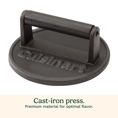 Cuisinart 6.5" Cast Iron Smashed Burger Press, Round Flat Edge Grill Press for Crispy Smash Burgers, Burger Tool for Grill and Griddle Accessories, for BBQs and Tailgates