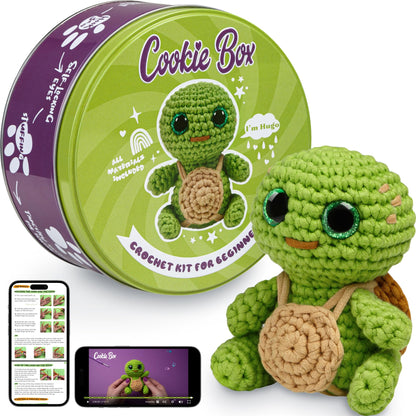 Cookie Box Crochet Kit for Beginners - Learn to Craft Amigurumi Stuffed Animals - Knitting Gift for Kids and Adults - Beginner-Friendly Yarn - Stitch-by-Stitch Video Tutorial - Turtle Hugo