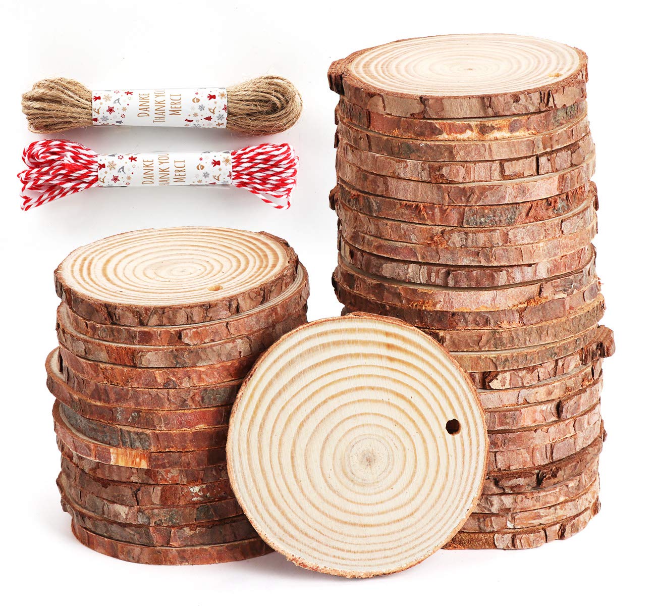 50Pcs Wood Slices 2.4"-2.8" Unfinished Wood Rounds with Pre-drilled Hole and 66Feet Twine String, Natural Wood for Crafts for Home Decor Painting DIY Christmas Ornaments Party Wedding Decor