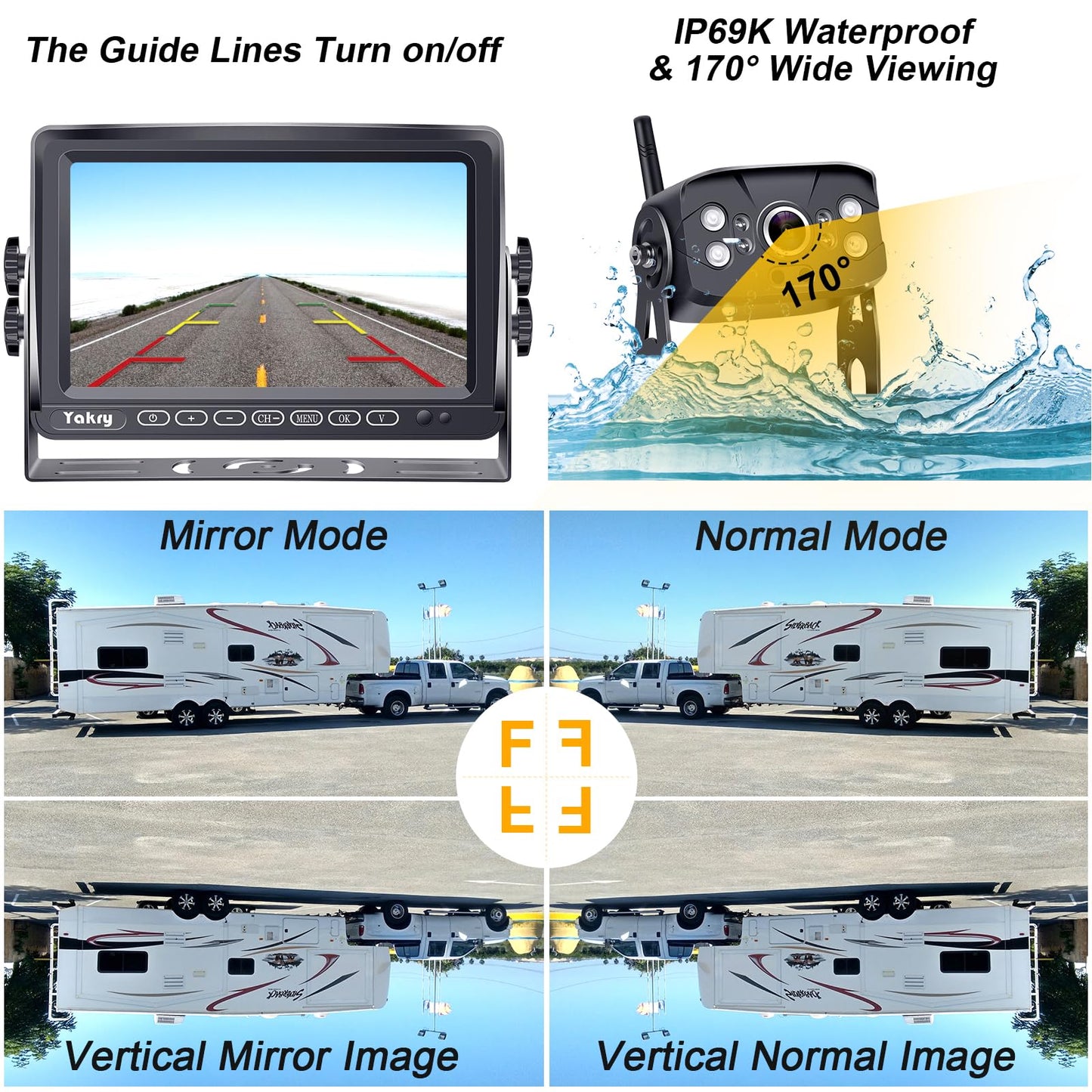 RV Backup Camera Wireless Plug and Play: Pre-Wired for Furrion System Recording Wide View Rear View Camera Clear Night Vision HD 1080P 7'' Touch Key Monitor for Trailer Camper Motorhome Yakry Y27-N