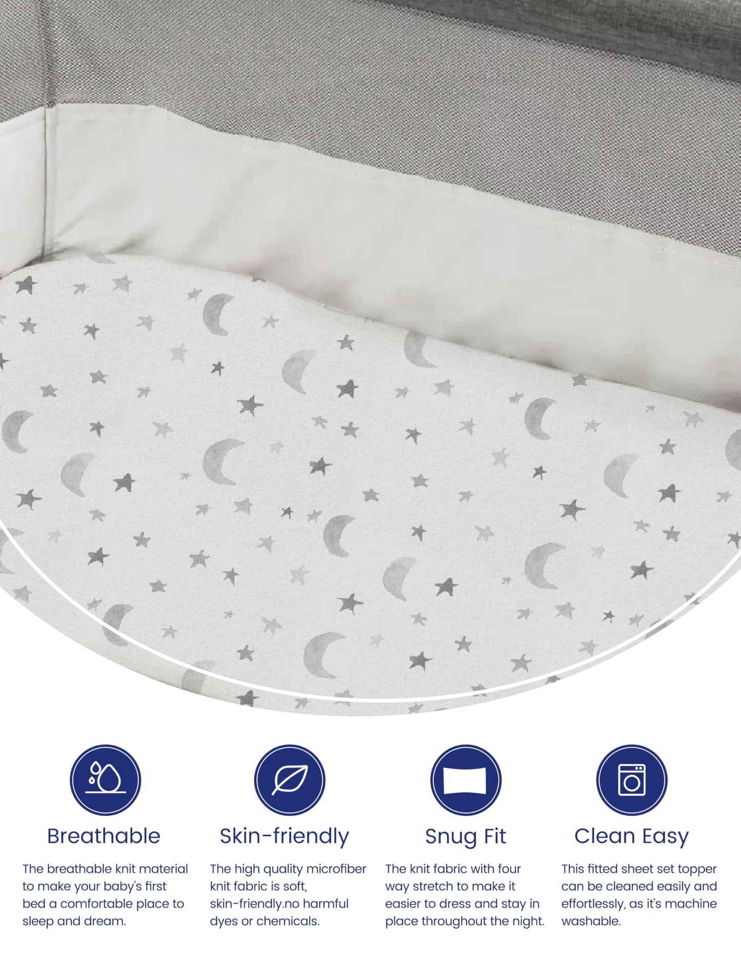 TotAha Premium Soft Pack n Play Sheets, Super Stretchy Jersey Knit Mini Crib Sheets Fitted, Silky Comfort Graco Pack and Play Mattress Sheets 2-Pack, Moon & Grey Sky