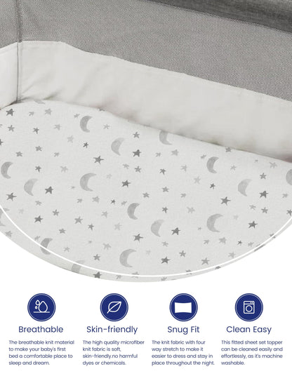 TotAha Premium Soft Pack n Play Sheets, Super Stretchy Jersey Knit Mini Crib Sheets Fitted, Silky Comfort Graco Pack and Play Mattress Sheets 2-Pack, Moon & Grey Sky