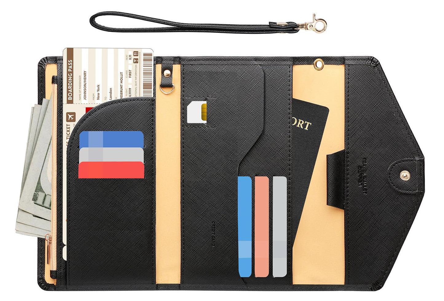 ZOPPEN Passport Holder Travel Wallet (Ver.5) for Women Rfid Blocking Multi-purpose Passport Cover Document Organizer Strap, Black