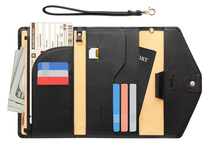 ZOPPEN Passport Holder Travel Wallet (Ver.5) for Women Rfid Blocking Multi-purpose Passport Cover Document Organizer Strap, Black