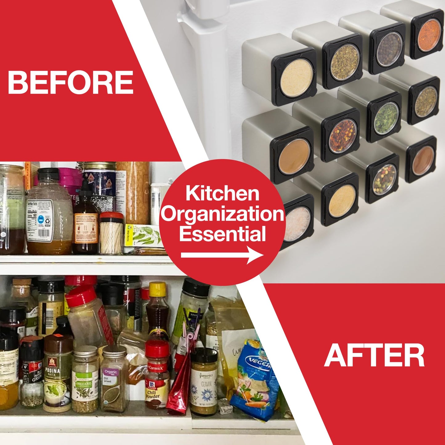 Set of 12 Magnetic Spice Jars, Shake or Pour Containers - Attaches to Most Refrigerator Doors & Appliances, Seasoning Dispensers- Easy Open Window Top Shakers Metal- Space Saving Kitchen Essential