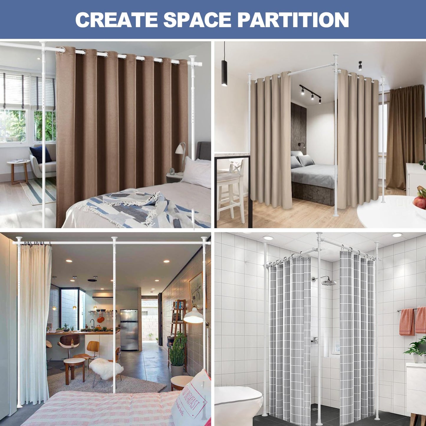 Room Divider, No Drilling Curtain Rod for Room Separation, 4-10ft (H) 28-114inch(W) Adjustable Heavy Duty Floor to Ceiling Tension Rod Wall Dividers Temporary Privacy Separator Window Rods White