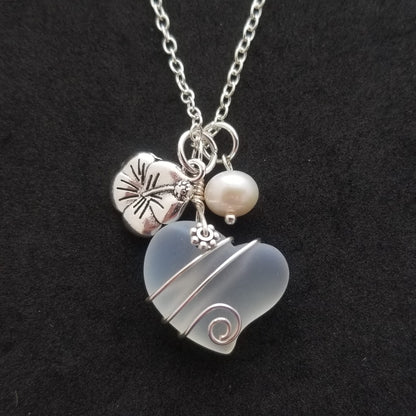 Yinahawaii Handmade Sea Glass Necklace, Wire Heart Necklace, Charm and Pearl Necklace, Sea Glass Jewelry Birthday Gift For Women (Moonstone - June)