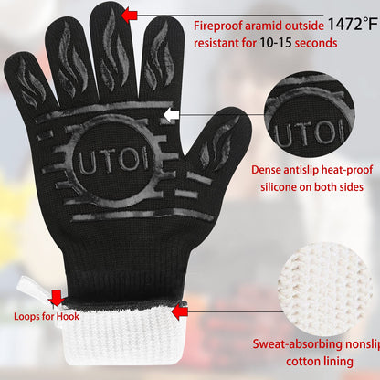 UTOI BBQ Grill Gloves, 1472F Heat Resistant Barbecue Oven Mitts, Silicone Non-Slip Cooking Gloves for Kitchen, Grilling and Baking, EN407 Certified, 13 inch Long, Black, XL Size, 1 Pair