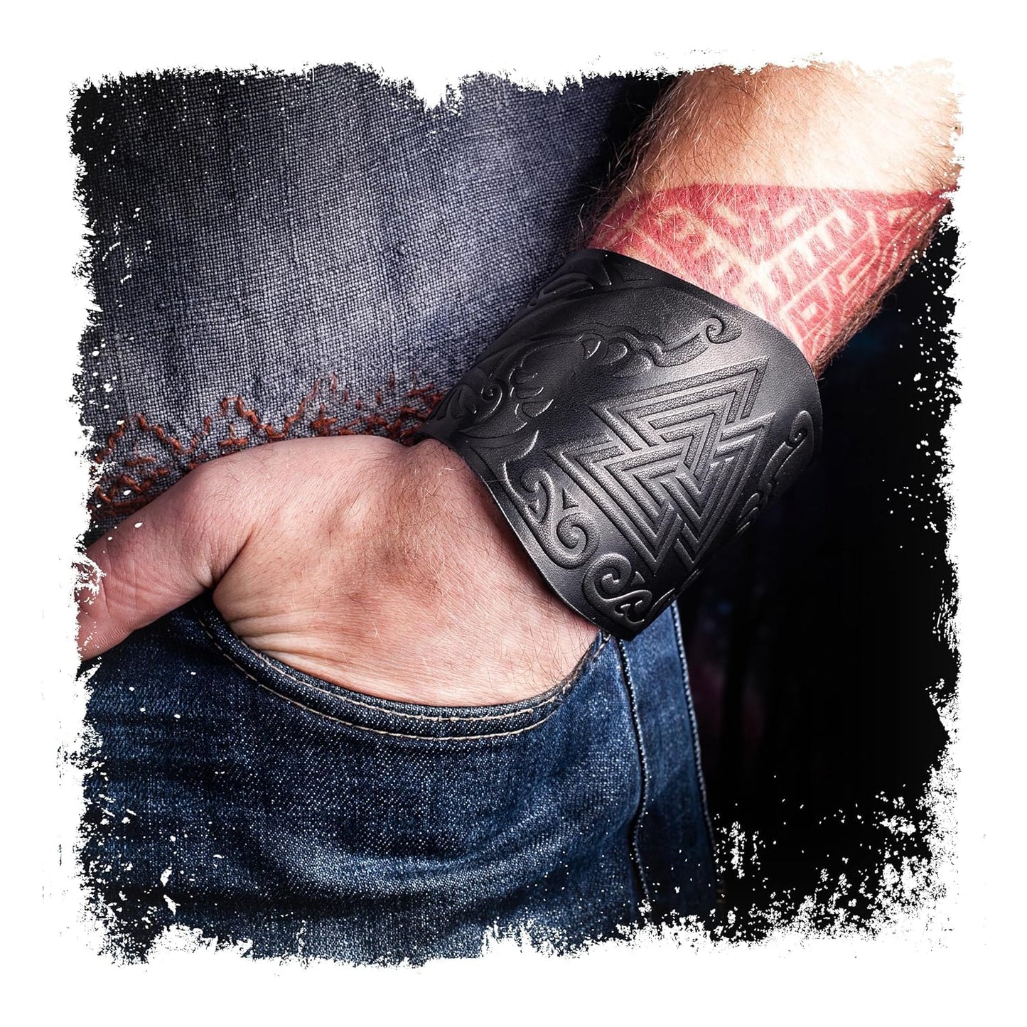 Stahlgilde 100% Real Leather Viking Cuff Bracelet - Handmade Valknut Black Wristband - Gift for Men Women - Genuine Leather Viking Punk Lv Axe Сuffs - Size M for wrist 6.5"-7.5" 90wc