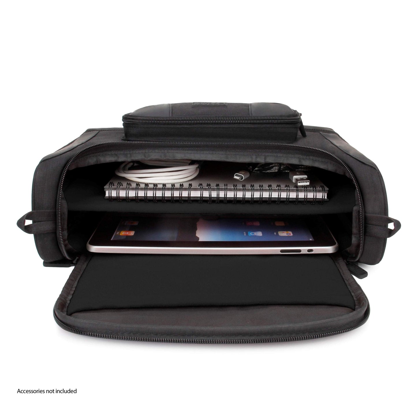 USA Gear Tablet Bag Compatible with 11 inch iPad Pro, 10.9 iPad Air, 10.2 inch Tablet - Compact Messenger Bag with Durable Exterior, Soft Adjustable Interior Fits Keyboard, Charger, more (Black)