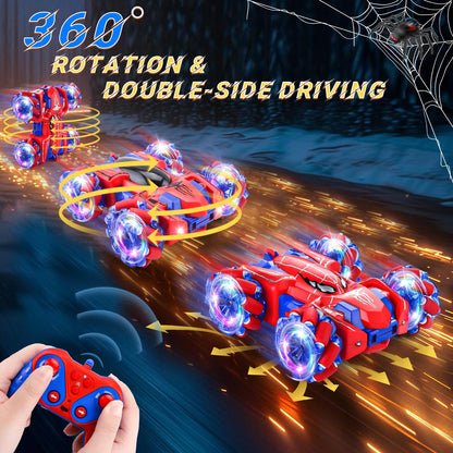 Punieayi Spider Remote Control Car, 2.4Ghz RC Cars with Headlight Double Sided Off-Road 360° Rotating Rechargeable 4WD RC Stunt Car Indoor Outdoor Spider Toys for Boys 4-6 5-7 8-13