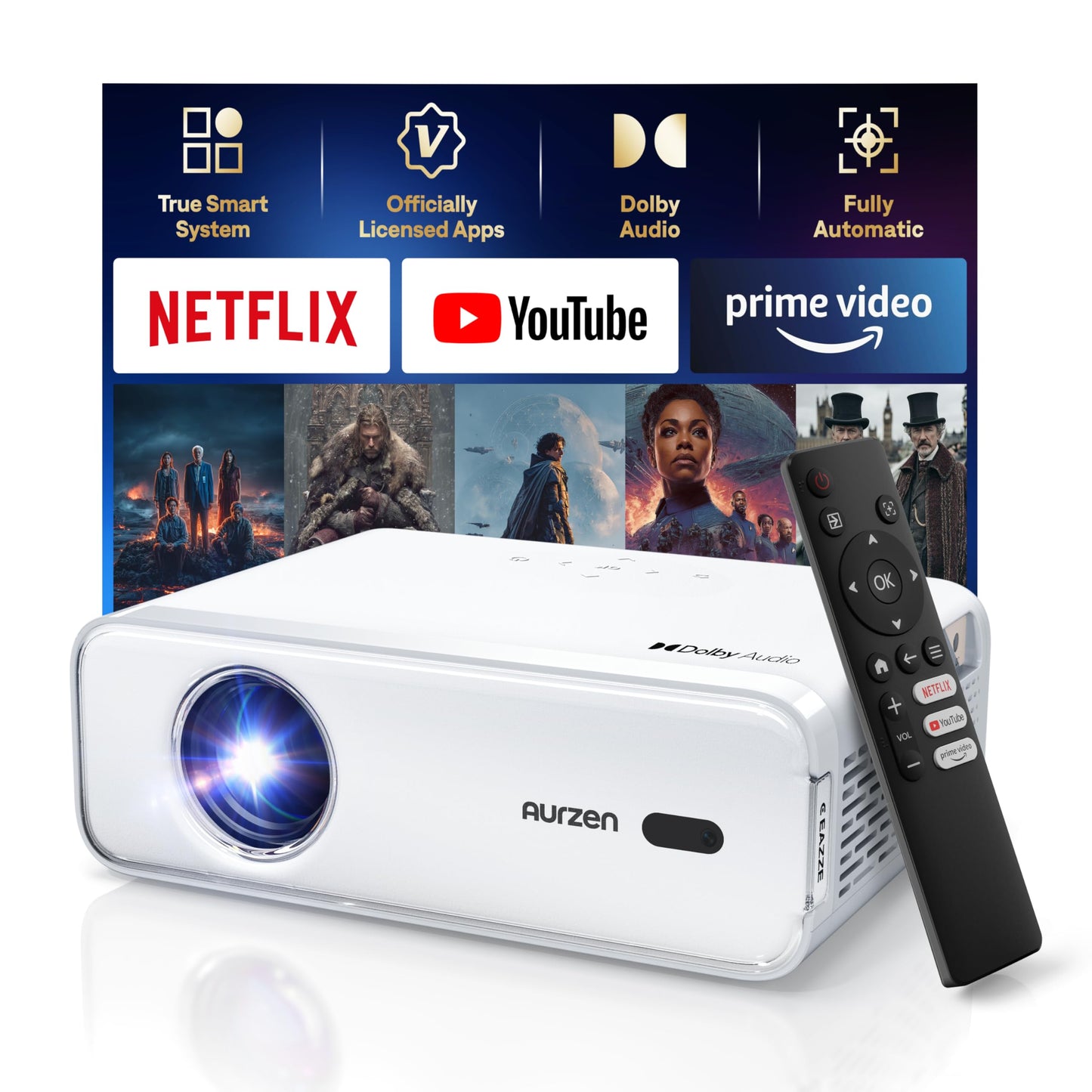 Aurzen EAZZE D1 Smart Projector with WiFi and Bluetooth, Netflix-Officially-Licensed, Auto Focus & Keystone, DoIby Audio, Zoom, Native 1080P Movie, Portable Outdoor Mini Projector, White