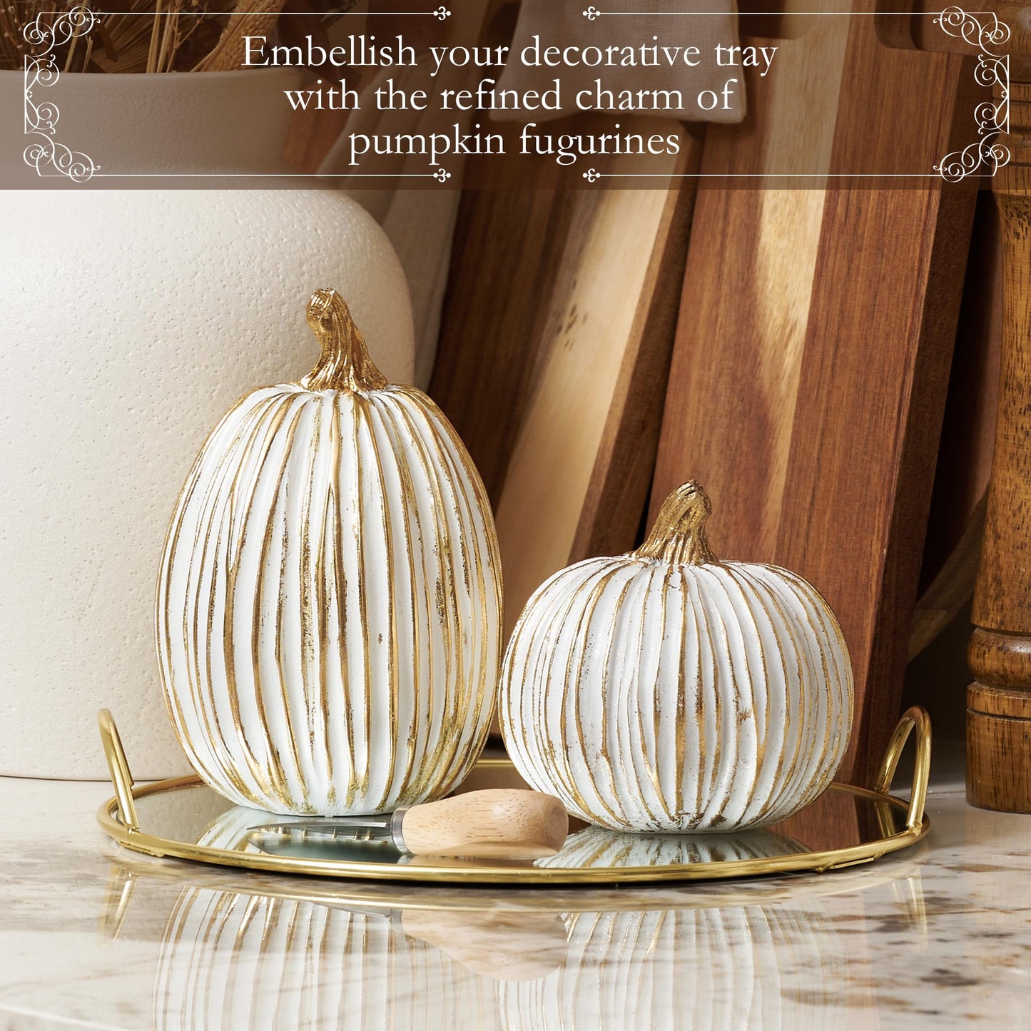 DN DECONATION White and Gold Fall Pumpkin Decorations Thanksgiving Table Centerpieces, 2 Pcs Artificial Luxury Resin Pumpkins Figurines for Decorating, Autumn Harvest Fall Home Decor Shelf Mantel