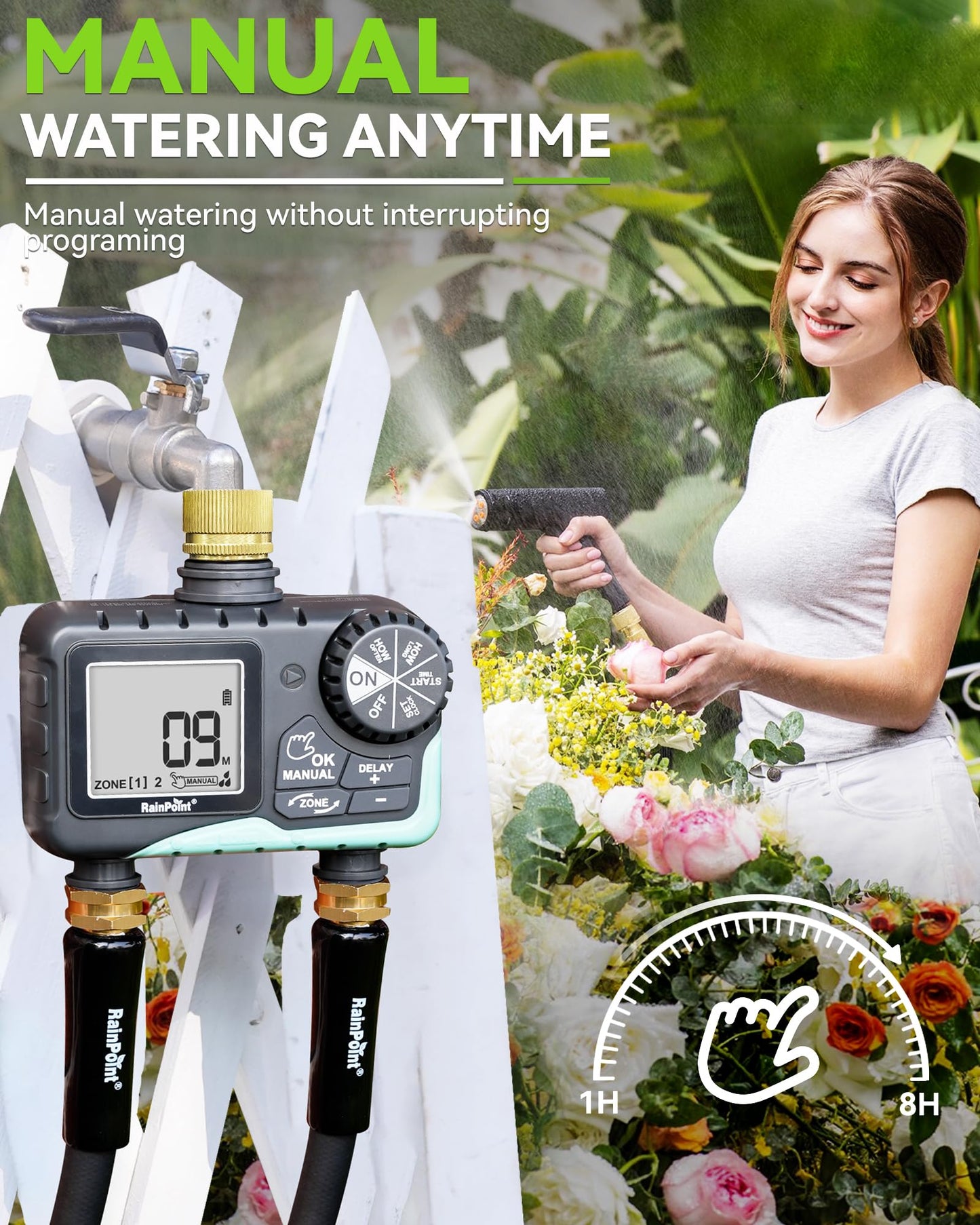 RAINPOINT Water Timer for Garden Hose - Sprinkler Timer with Brass Swivel - Rain Delay/Manual Watering/Automatic Irrigation Programmable Faucet for Yard, 2 Outlet