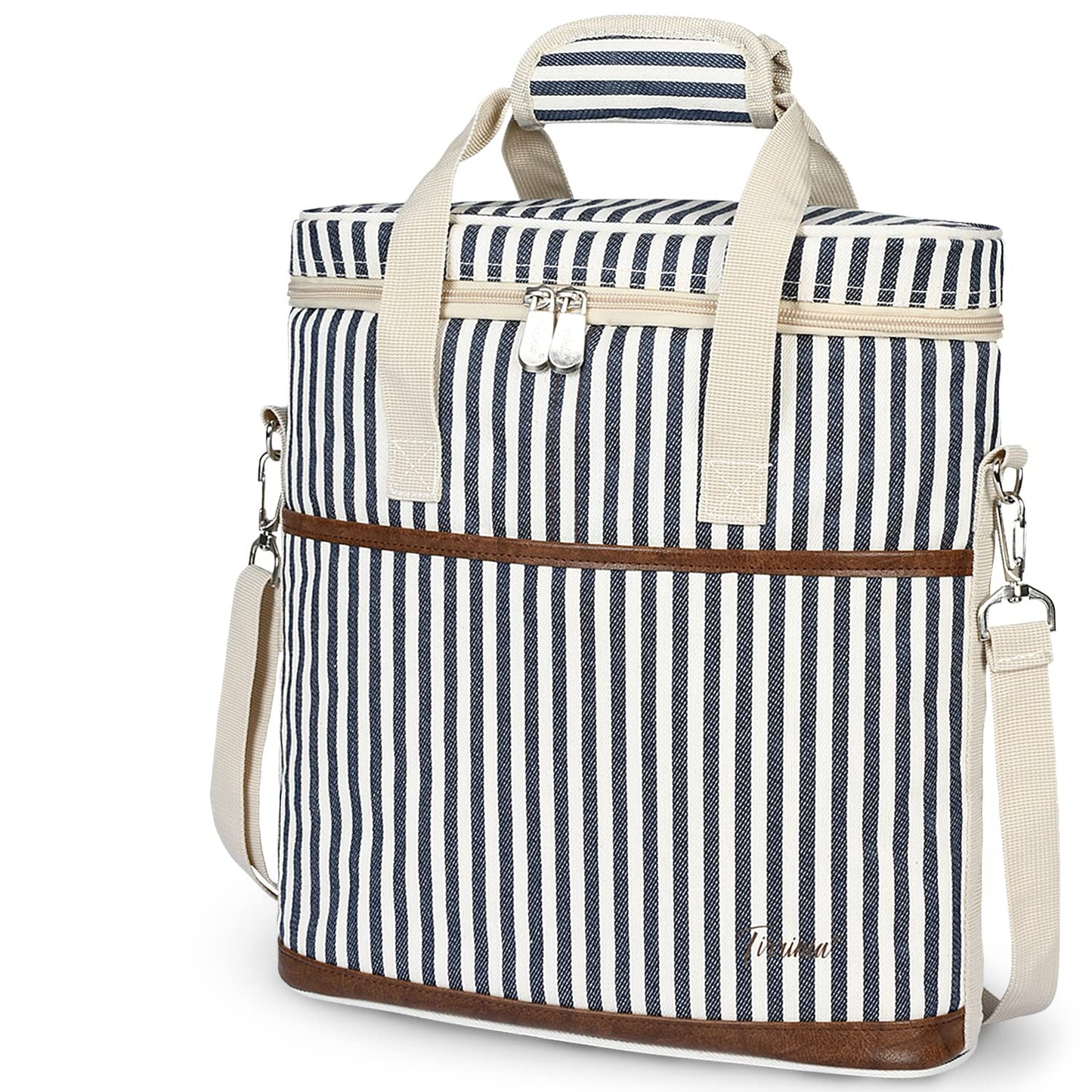 Tirrinia Insulated Wine Gift carrier - 3 Bottle Travel Padded Wine Carry Cooler Tote Bag with Handle and Adjustable Shoulder Strap, Stripe