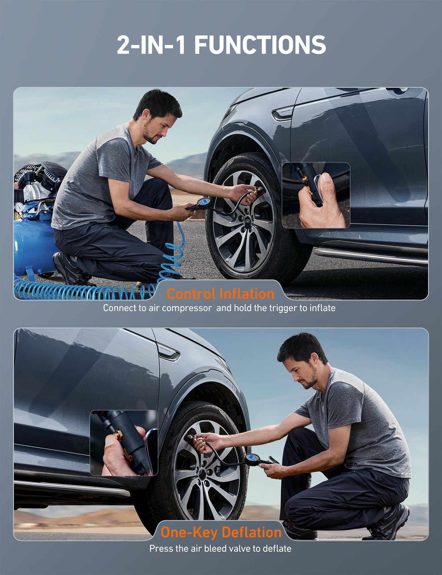 AstroAI Digital Tire Pressure Gauge with Inflator(3-250 PSI 0.1 for Display Resolution), Heavy Duty Air Chuck and Compressor Accessories with Rubber Hose and Quick Connect Coupler, Blue