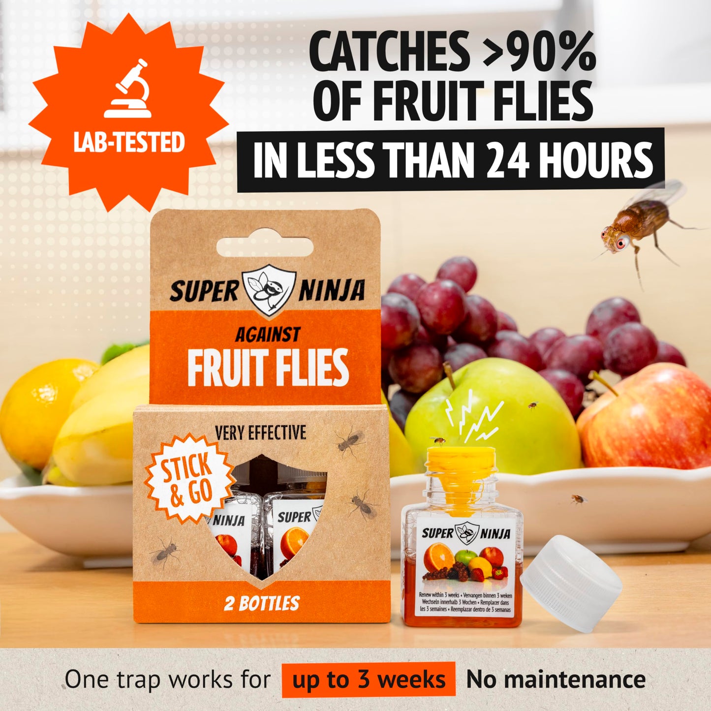 Super Ninja Fruit Fly Traps for Indoors - 1 Pack, Highly Effective Fruit Fly Catcher for Indoor Use for Home & Kitchen, Up to 3 Weeks of Performance per Bottle, Kid & Pet Friendly