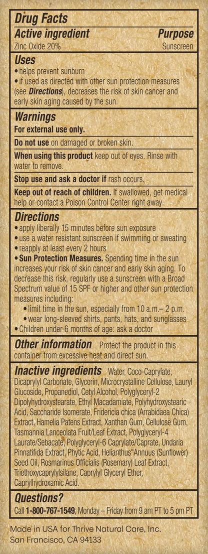 Thrive Natural Care Mineral Face Sunscreen for Sensitive Skin SPF 30, 2 Ounces - Moisturizing Unscented Sunscreen for Face - Broad Spectrum with Clear Zinc Oxide - Vegan
