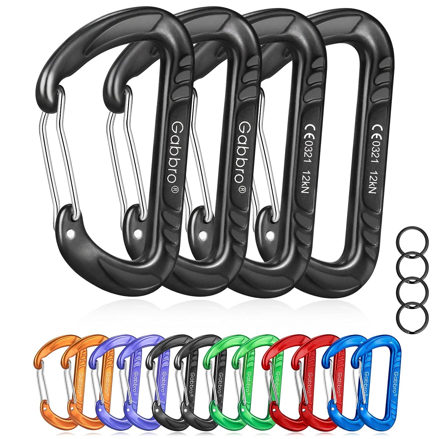 Gabbro Carabiner Clips Heavy Duty 12kN (2697 lbs), | 3.2 Inch, Aluminum, Wiregate Snap, Lightweight, 4 Pack | for Hammock, Hiking, Camping, Water Bottle, Dog Leash Harness, Keychains Black