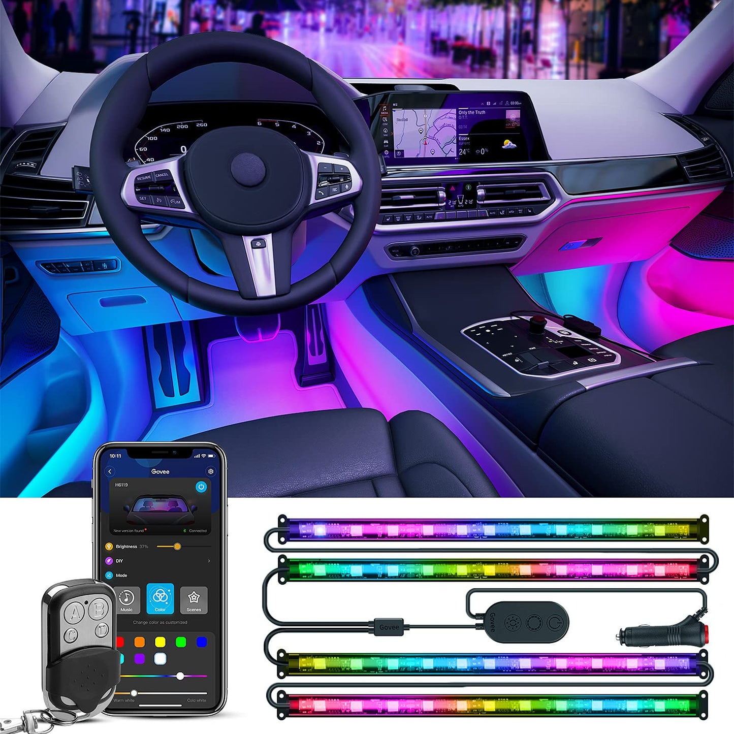Govee Car Lights, Smart RGBIC Interior Car Lights with APP, Remote Control, LED Lights for Car Decor, DIY Mode and Multiple Scene Options, 2 Lines Design 72 LED Lights for Car