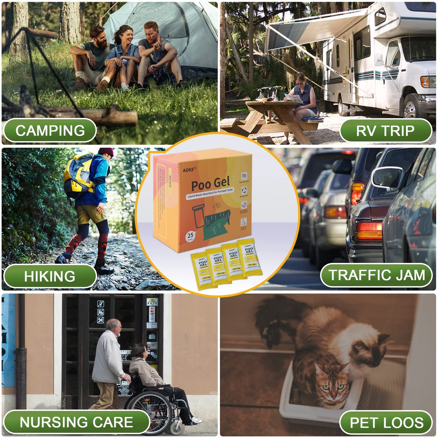 AOKE Portable Toilet Absorbent Gel Powder - Lemon 25 Pack Poo Deodorizing Treatment for Outdoor Camping and Hiking