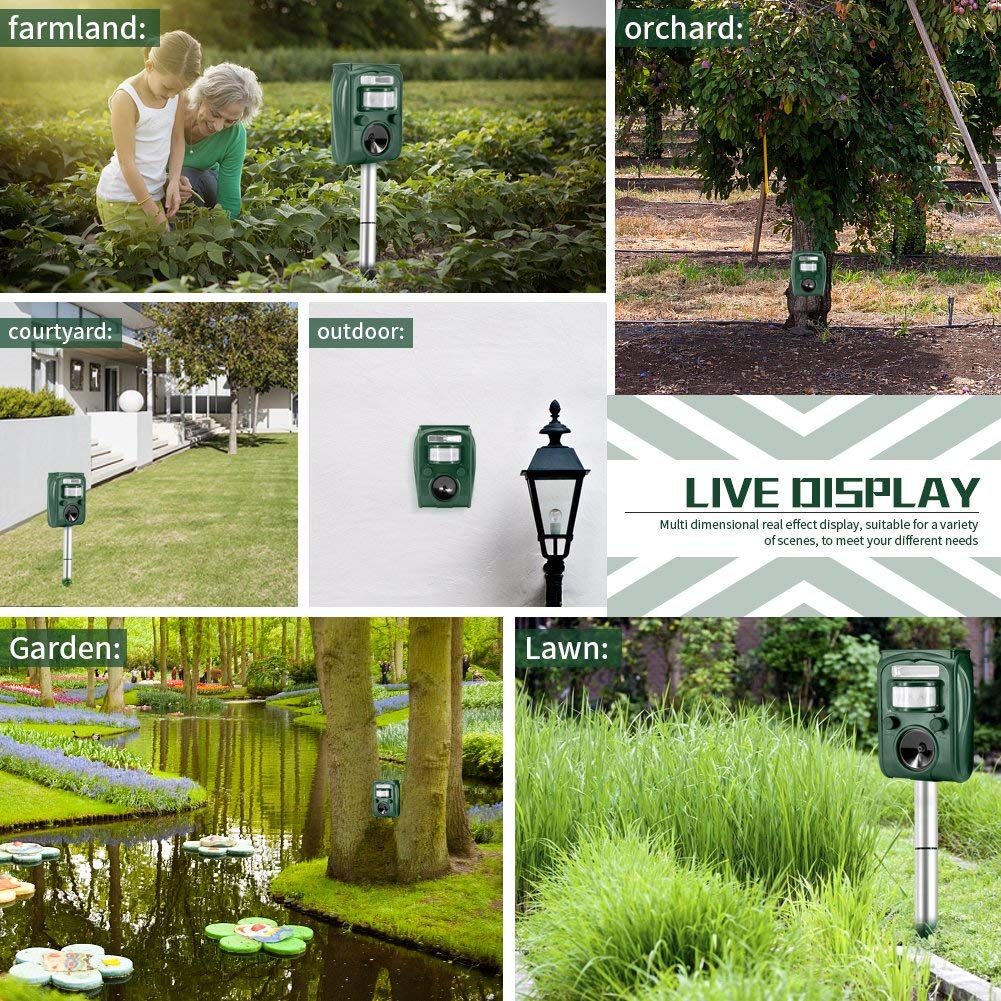 Solar Ultrasonic Animal Repeller, Cat Repellent, Motion Detection, Siren and Flash Repel. Dog, Squirrel, Deer, Raccoon, Skunk, Rabbit, Fox, etc