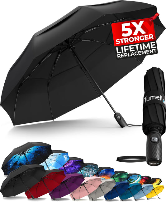 TUMELLA Strongest Windproof Travel Umbrella (Compact, Superior & Beautiful), Small Strong but Light Portable and Automatic Folding Rain Umbrella, Durable Premium Grip, Fits Car and Backpack