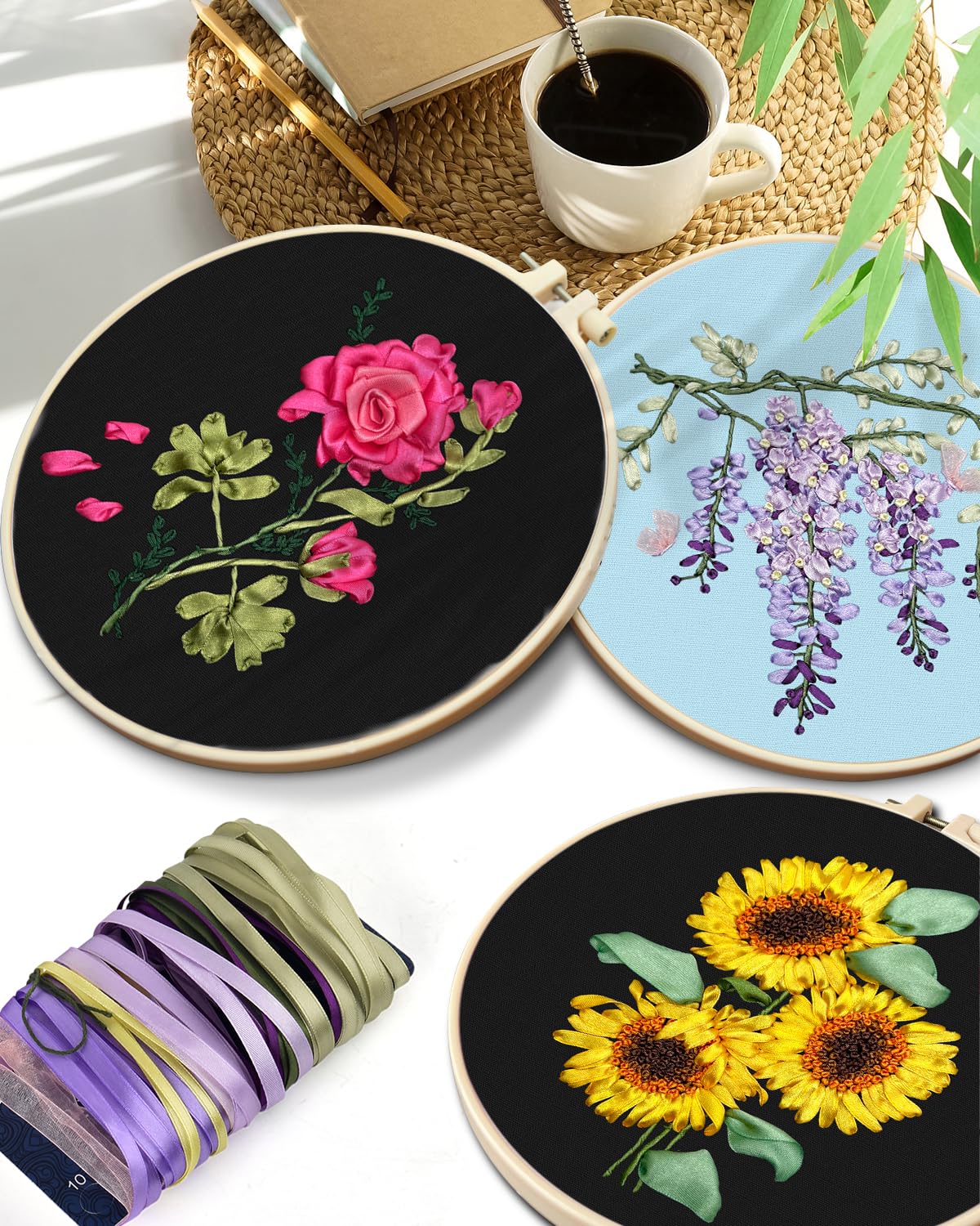 TINDTOP Embroidery Kit for Adult, Ribbon Embroidery Kit for Beginners for Craft Lover Hand Stitch with Embroidery Skill Techniques (Flowers)