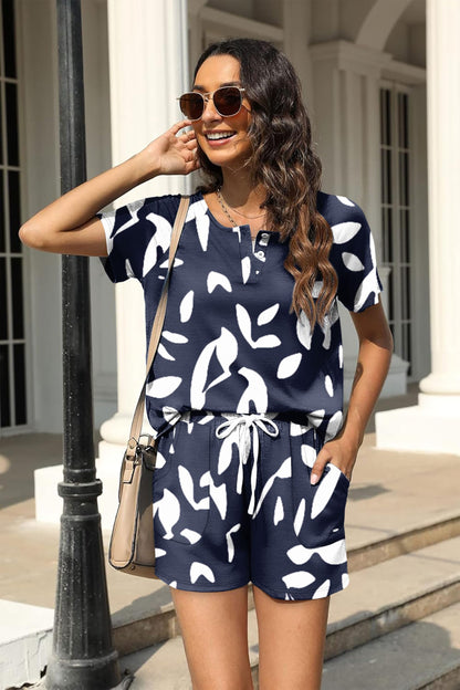 WIHOLL 2 Piece Sets For Women Summer Lounge Wear Matching Pajamas Set Graphic Tees And Shorts Track Suits Spring Break Clothes Floral Blue M