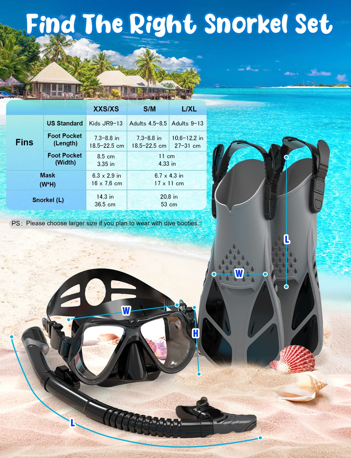 Zenoplige Mask Fins Snorkel Set, Snorkeling Gear for Adults, Panoramic View Snorkel Mask Anti-Fog, Adjustable Dive Flippers, Dry Top Snorkel and Travel Bag, Scuba Gear for Swimming Snorkeling Diving