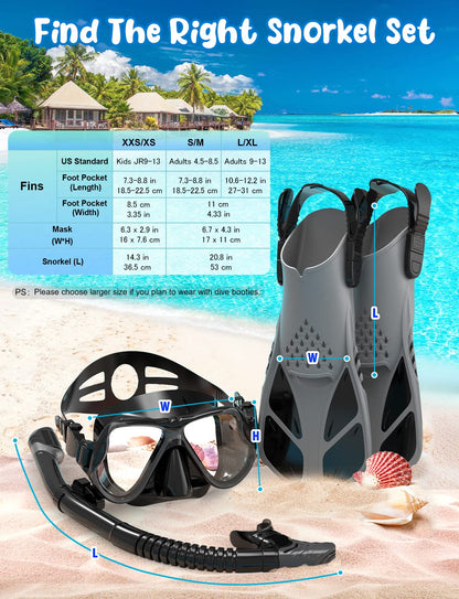 Zenoplige Mask Fins Snorkel Set, Snorkeling Gear for Adults, Panoramic View Snorkel Mask Anti-Fog, Adjustable Dive Flippers, Dry Top Snorkel and Travel Bag, Scuba Gear for Swimming Snorkeling Diving