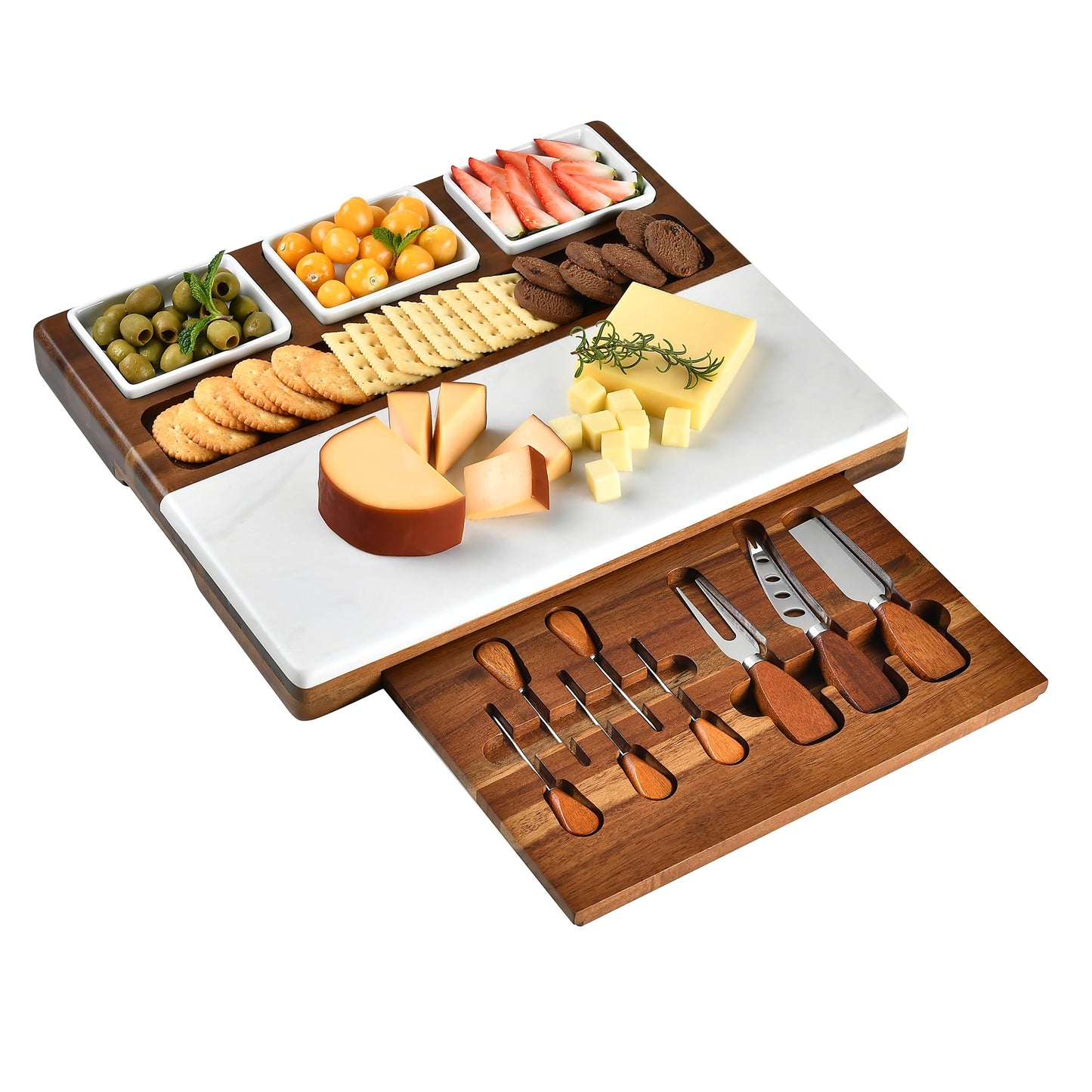 Shanik Wood - Marble Cheese Board Set with 3 Ceramic Bowls - Stainless Steel Cutlery Set, Charcuterie Board Set & Gift for Any Occasion (Without Engraving)