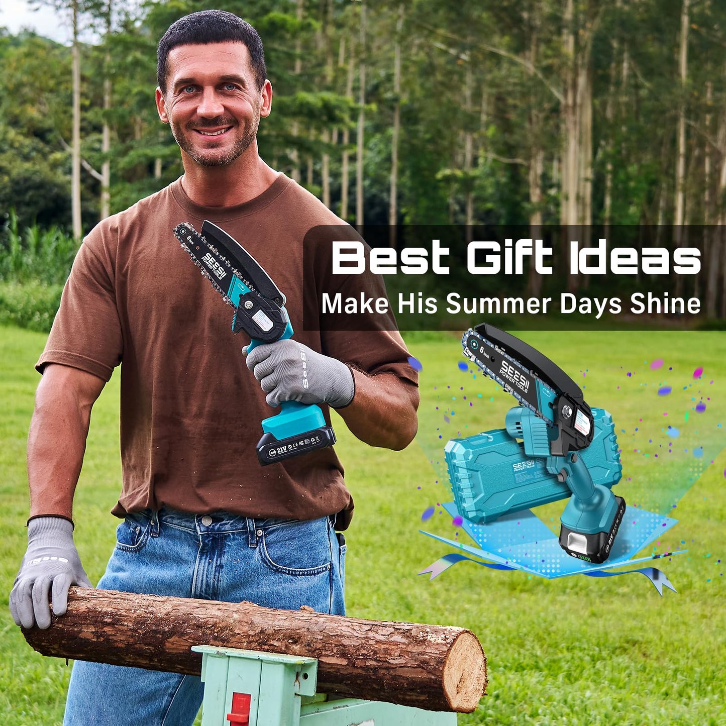 Seesii Mini Chainsaw, 6-inch Mini Chainsaw Cordless, Handheld Electric Power Chain Saw with 2 Batteries, for Tree Trimming Wood Cutting, Best Gifts for Father, Dad, Husband, Men