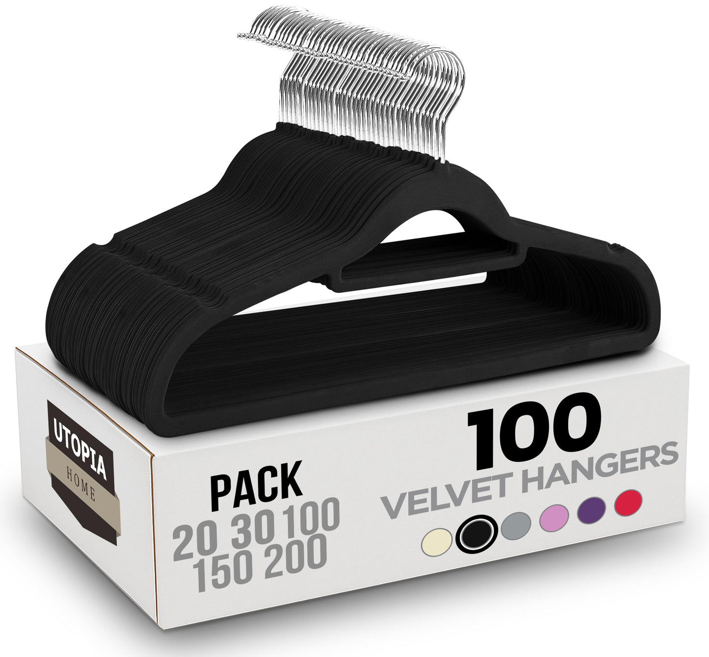 Utopia Home Premium Velvet Hangers 100 Pack - Non-Slip Clothes with Tie Bar - Black Hangers with 360 Degree Rotatable Hook - Heavy Duty for Coat