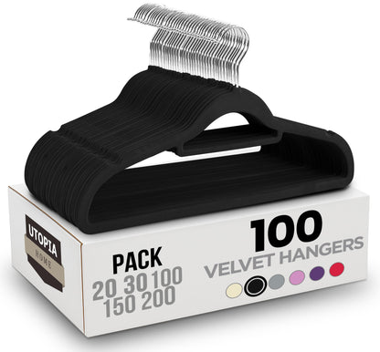 Utopia Home Premium Velvet Hangers 100 Pack - Non-Slip Clothes with Tie Bar - Black Hangers with 360 Degree Rotatable Hook - Heavy Duty for Coat