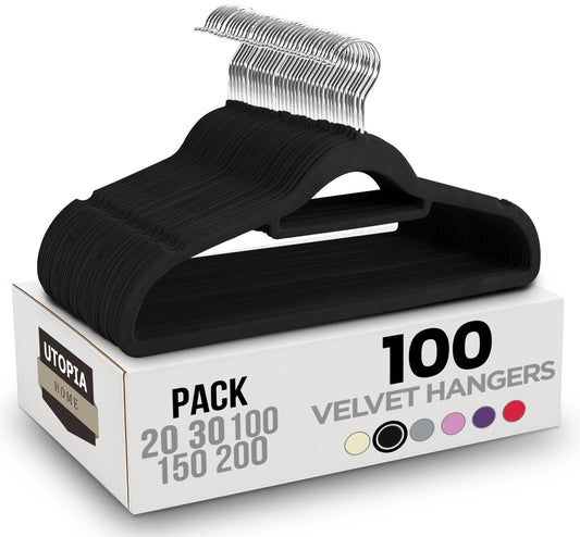 Utopia Home Premium Velvet Hangers 100 Pack - Non-Slip Clothes with Tie Bar - Black Hangers with 360 Degree Rotatable Hook - Heavy Duty for Coat