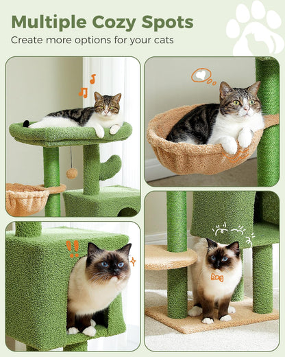 Cactus Cat Tree 35.4"- Medium Cat Tower w/Sisal Scratching Post, Cat Condo for Indoor Cats, Large Padded Top Perch, Comfy Hammock, and 2 Dangling Balls for Small-Medium Cats, Green