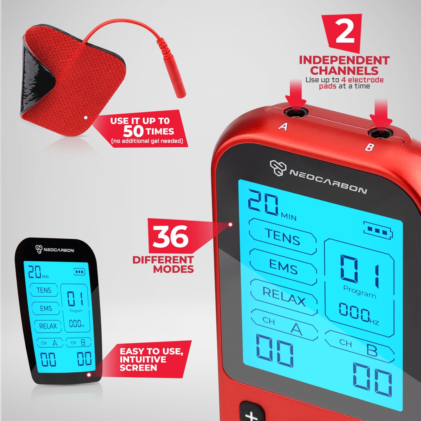 TENS Unit Muscle Stimulator Pro for Back Pain Relief, Shoulder Recovery and Physical Therapy, Electronic EMS Massager Machine with PMS Pulse for Effective Shock Therapy, Red