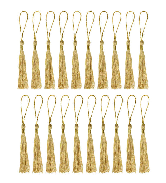 Tupalizy Mini Silky Handmade Soft Flossy Bookmark Tassels with Cord Loop for Keychain Earring Jewelry Making, Souvenir, Graduation, Clothing Sewing, Gift Tag DIY Craft Projects, 20PCS (Light Gold)