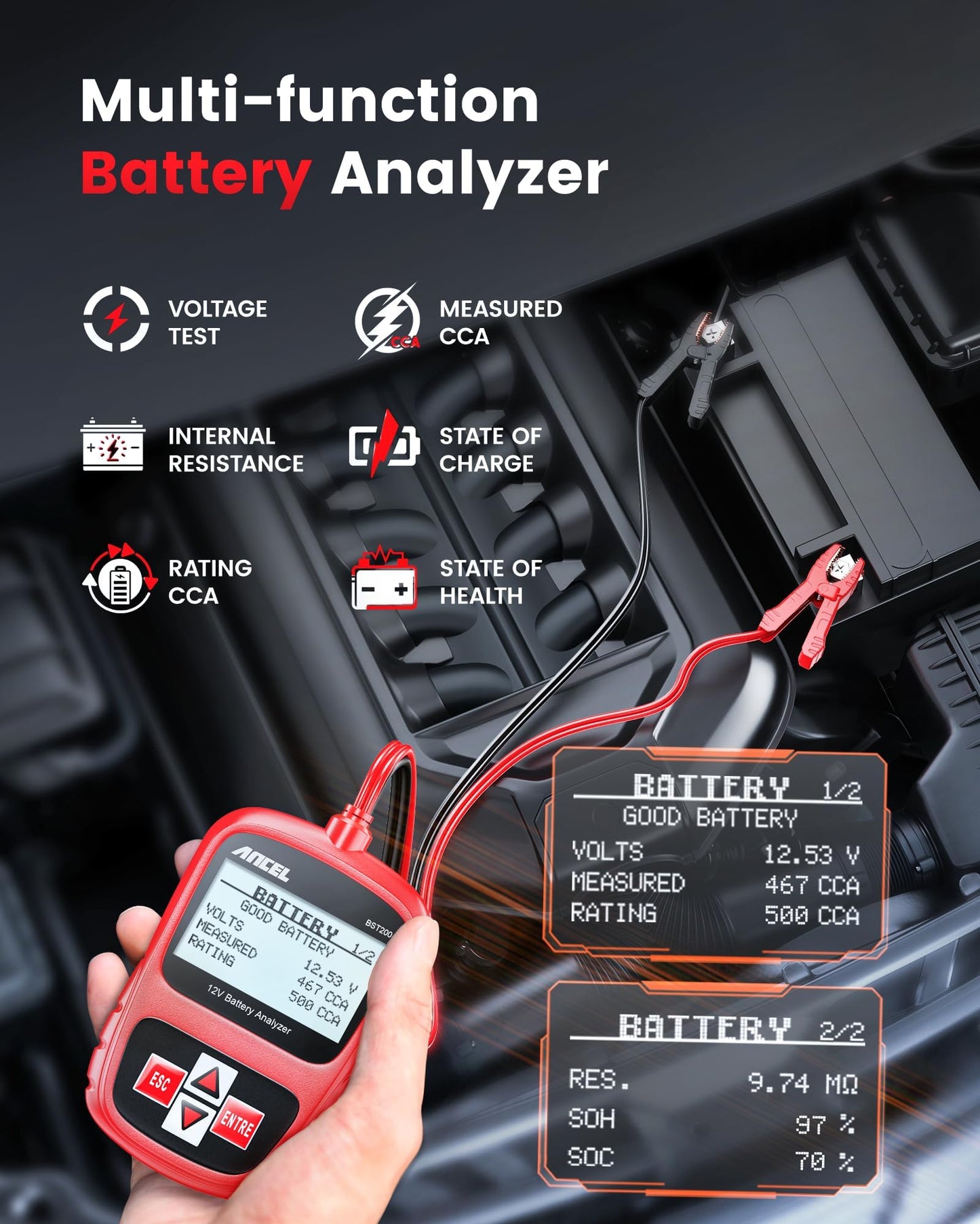 ANCEL BST200 Car Battery Tester 12V Automotive, 100-1100 CCA Battery Load Tester Tool, Auto Battery Analyzer Digital Tester for Car Truck Motorcycle SUV Boat and More