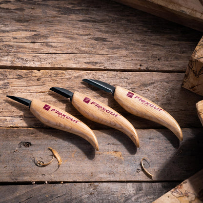 FLEXCUT Starter 3 Wood Carving Knife Set KN500, 1095 High Carbon Steel Blades and Ergonomic Ash Wood Handles for Beginners and Hobbyists